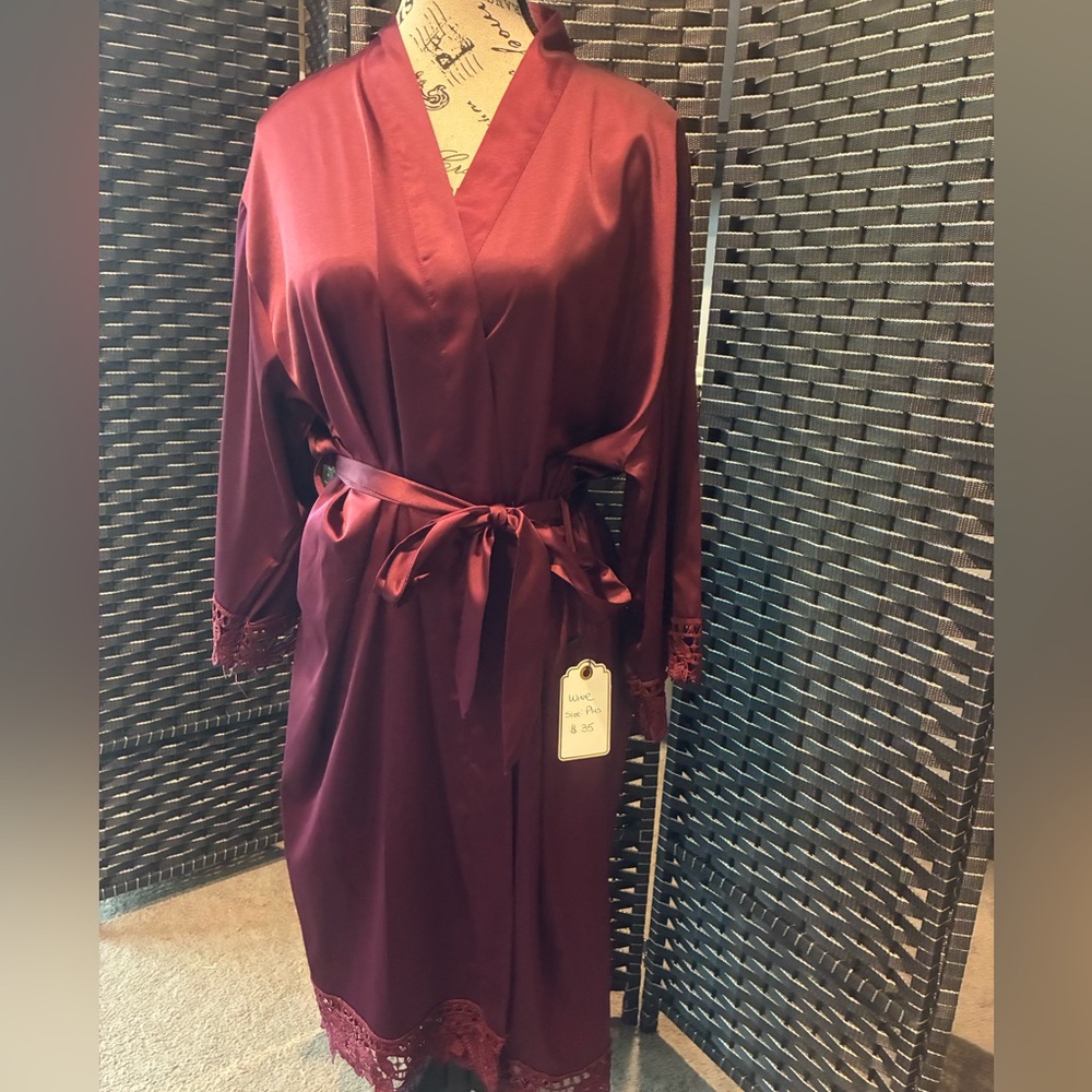 Elegant Wine Satin Robe with Lace Trim.